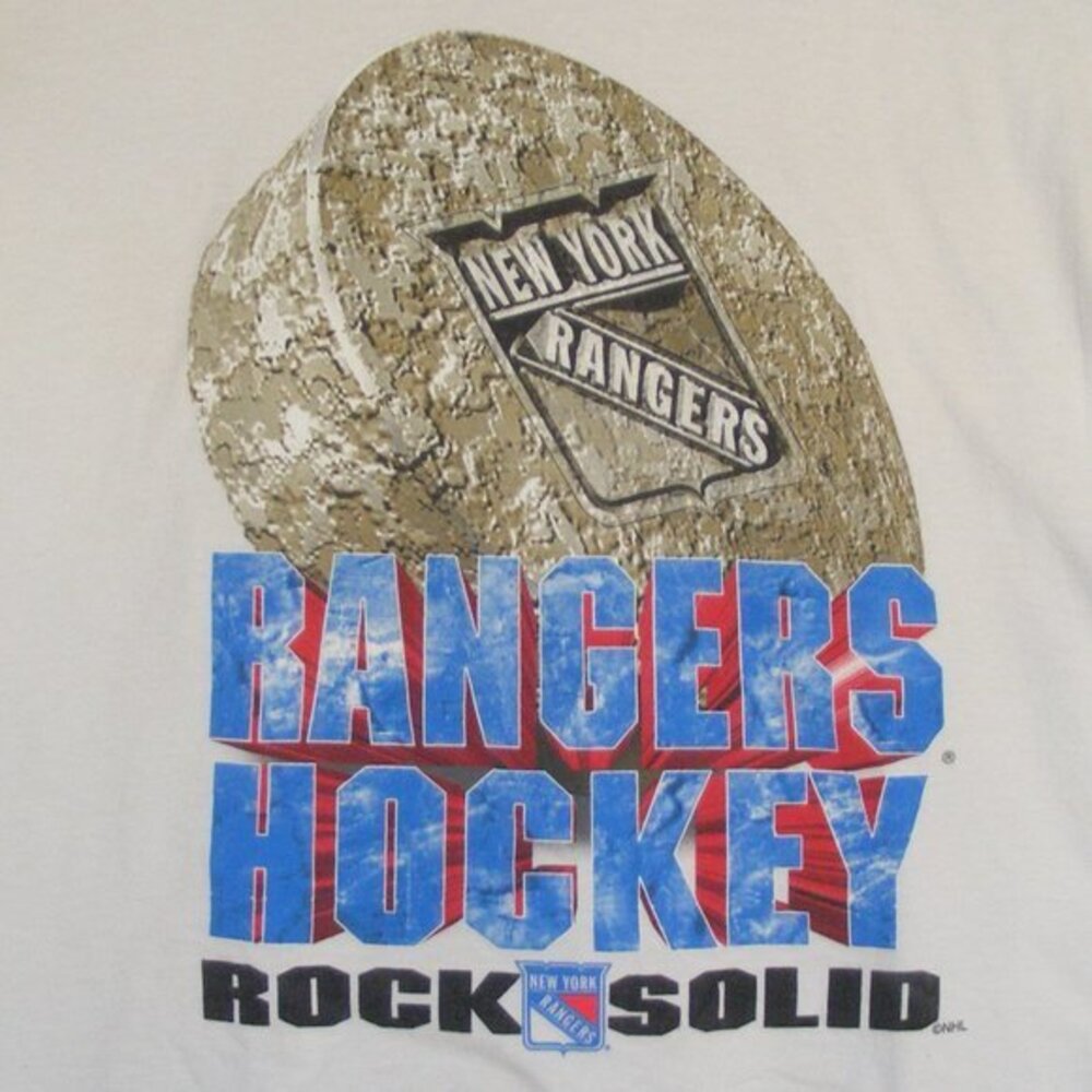 NEW YORK RANGERS Tshirt, XL, Vintage, Rock Solid, Rock Puck, Short sleeve, white